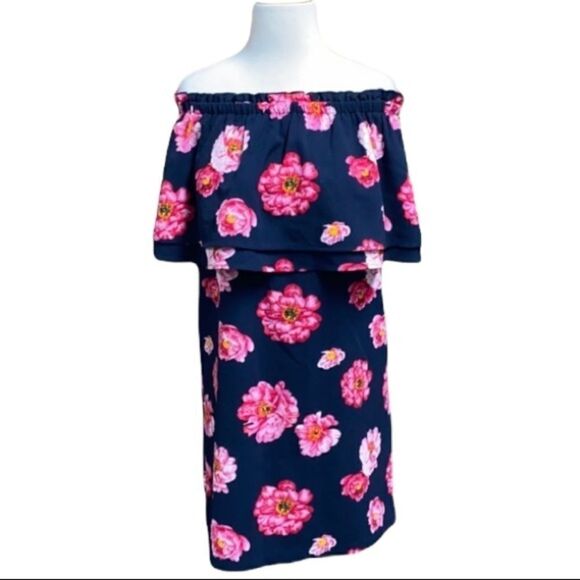 Mud Pie Navy/Pink Floral Off Shoulder Dress Med - Picture 1 of 6